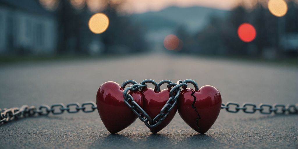 Two hearts linked by a broken chain, representing unethical non-monogamy.