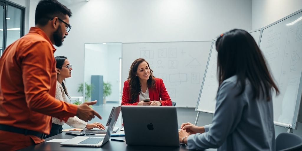 Business team collaborating in a modern office environment.