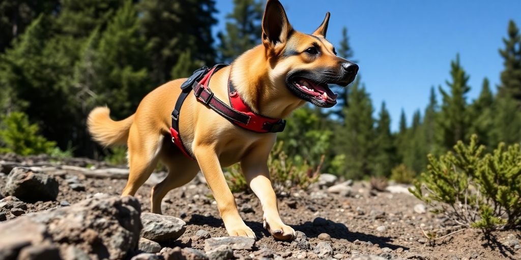 Search and rescue dog in action outdoors.