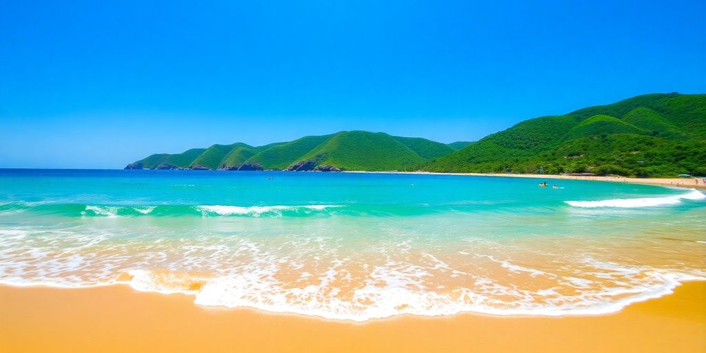 Golden sand, blue water, green hills, clear sky, sunny beach.