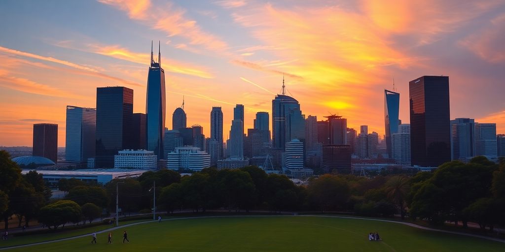 Skyline of Australian capital cities at sunset.