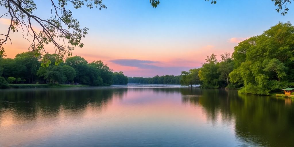 Tranquil lake at sunset with lush trees.