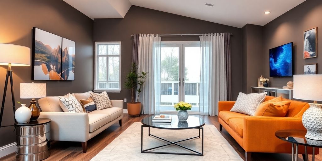 Modern living room with smart home technology and decor.