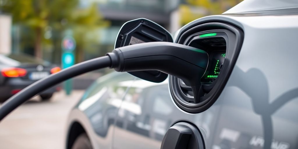 Electric vehicle charging station in an urban environment.