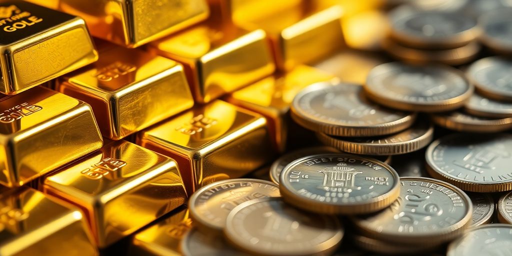 Lingots d'or et pièces d'argent empilés.