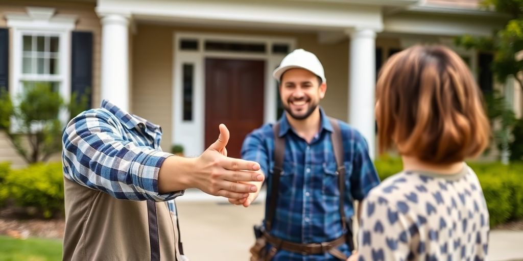 Contractor holds a satisfied customer's hand.