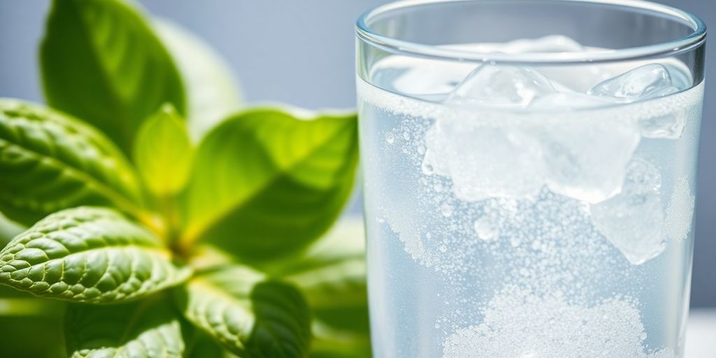 Refreshing water glass and vibrant green leaves.