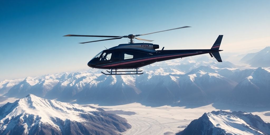 A helicopter flies over vast, snow-covered Alaskan mountains.