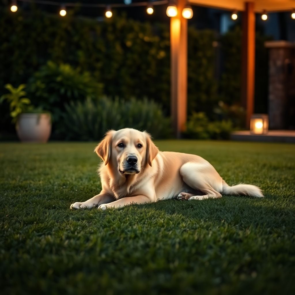 Dog relaxing in backyard with soft, warm outdoor lights.