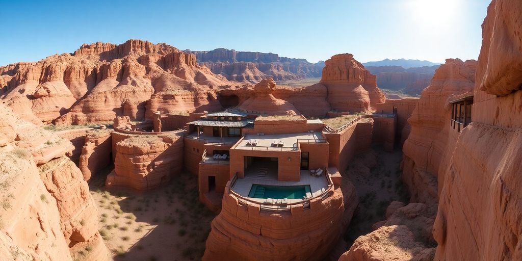 Serene desert landscape with a modern spa structure.