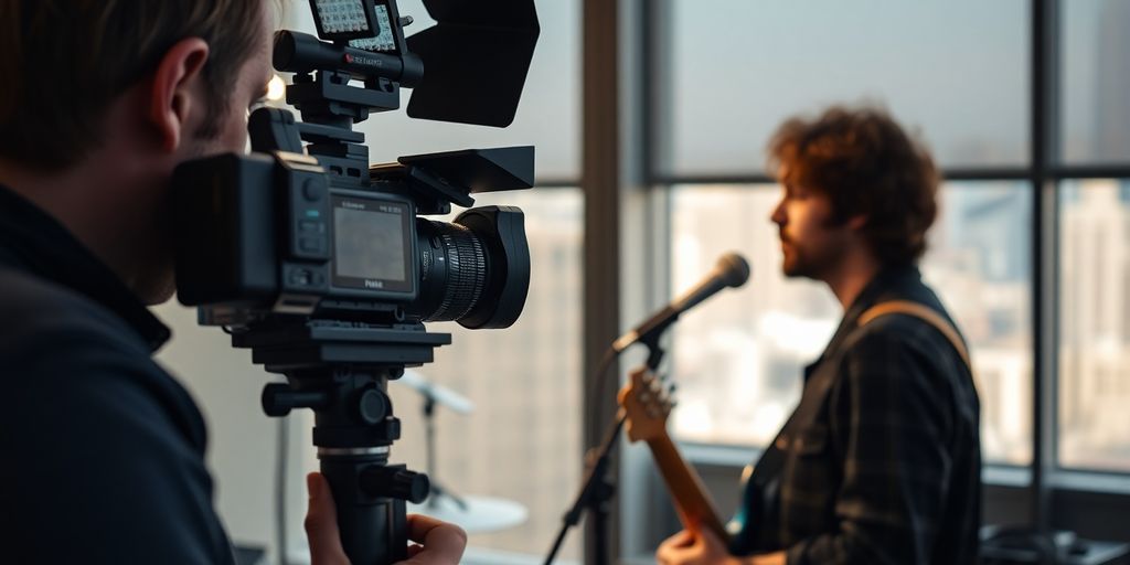 Videographer filming musician in a New York City studio.