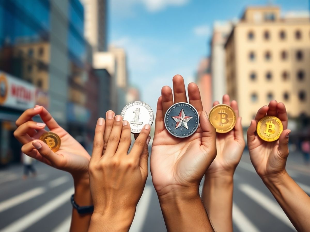 Diverse hands holding digital tokens in an urban setting.