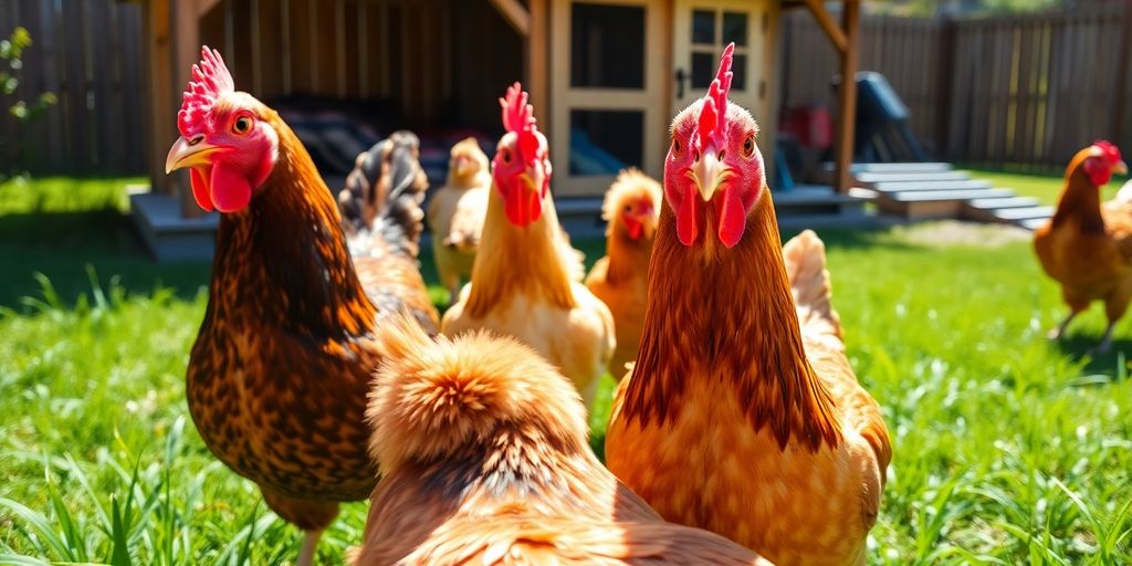 Colorful chickens pecking in a sunny backyard.