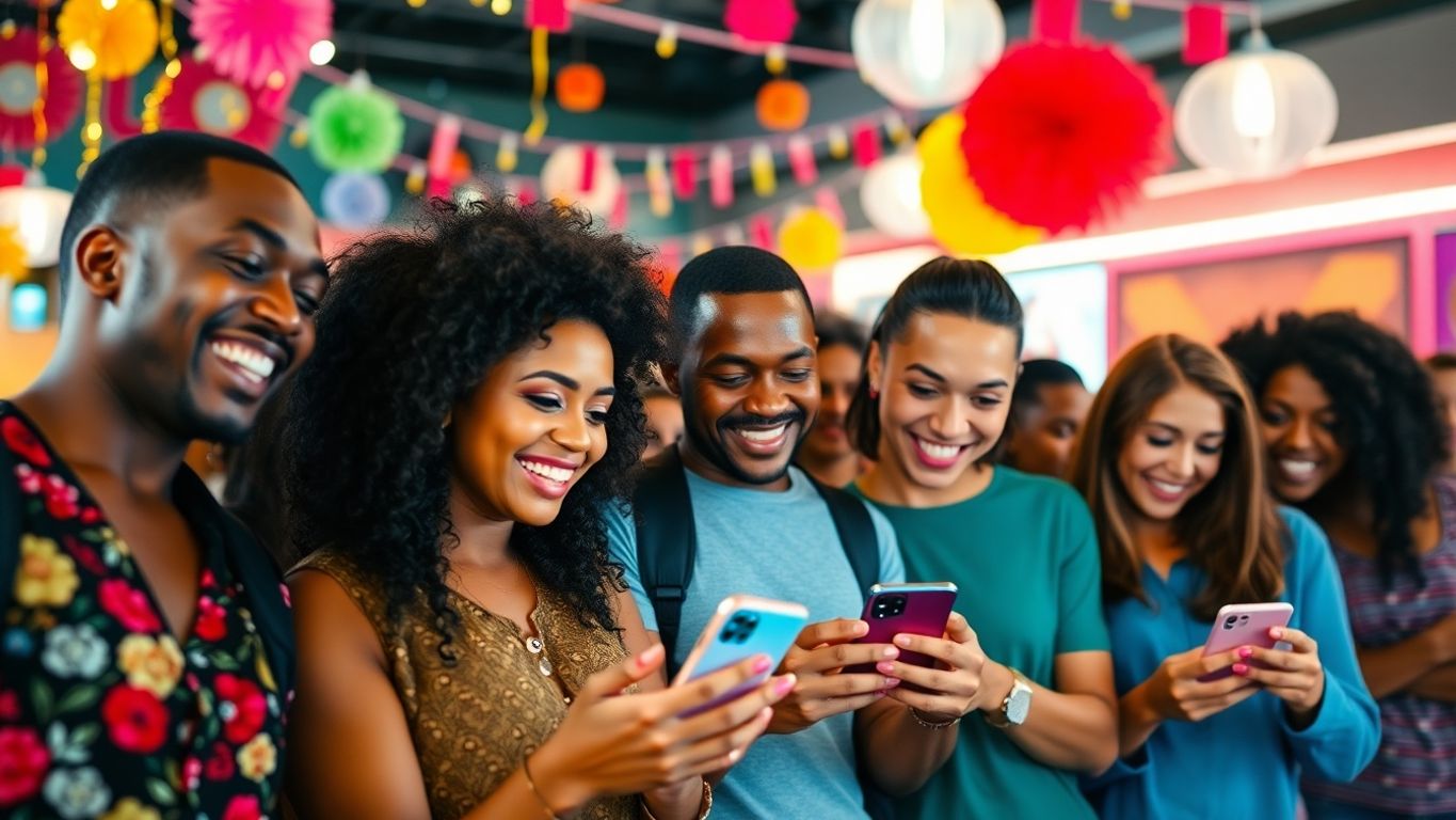 Diverse people using smartphones in a lively setting.