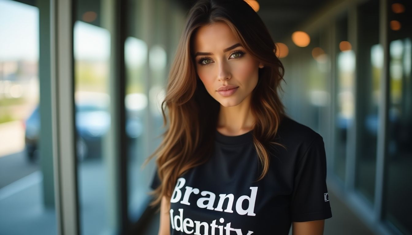 Beautiful woman in 'Brand Identity' shirt, confident expression.
