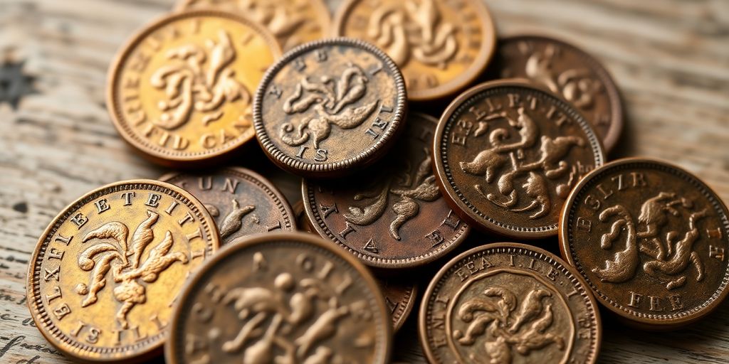 Antique colonial coins scattered on a wooden surface.