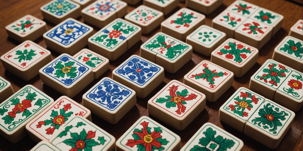 Mahjong honor tiles on a wooden table.