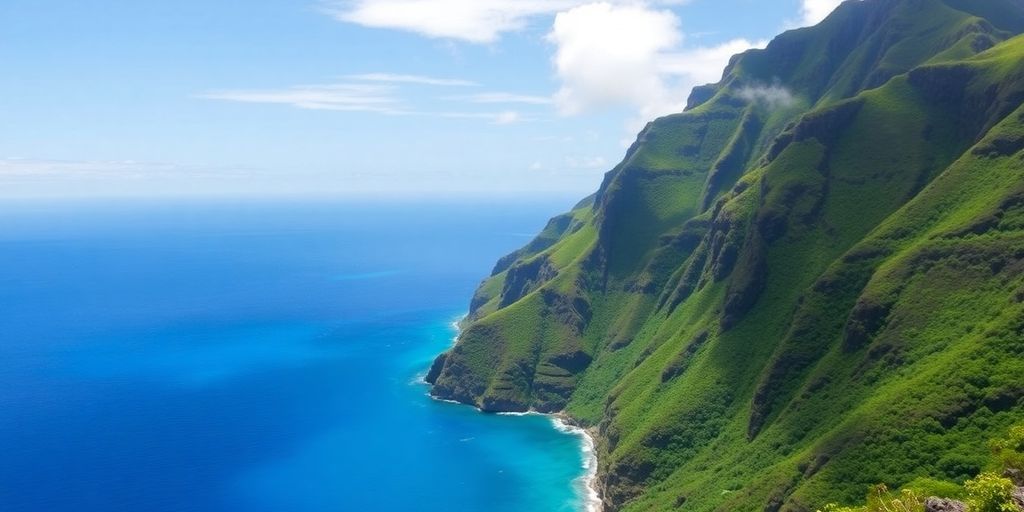 Lush green cliffs meet turquoise waters.