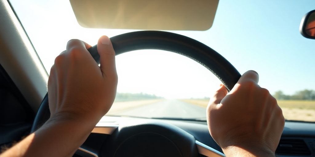 Happy driver in car, open road.