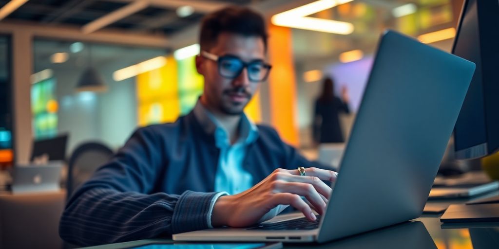 Tech professional analyzing data in a modern office.