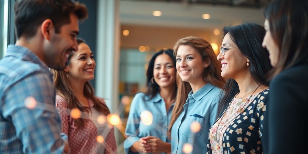 Diverse group collaborating, glowing connections