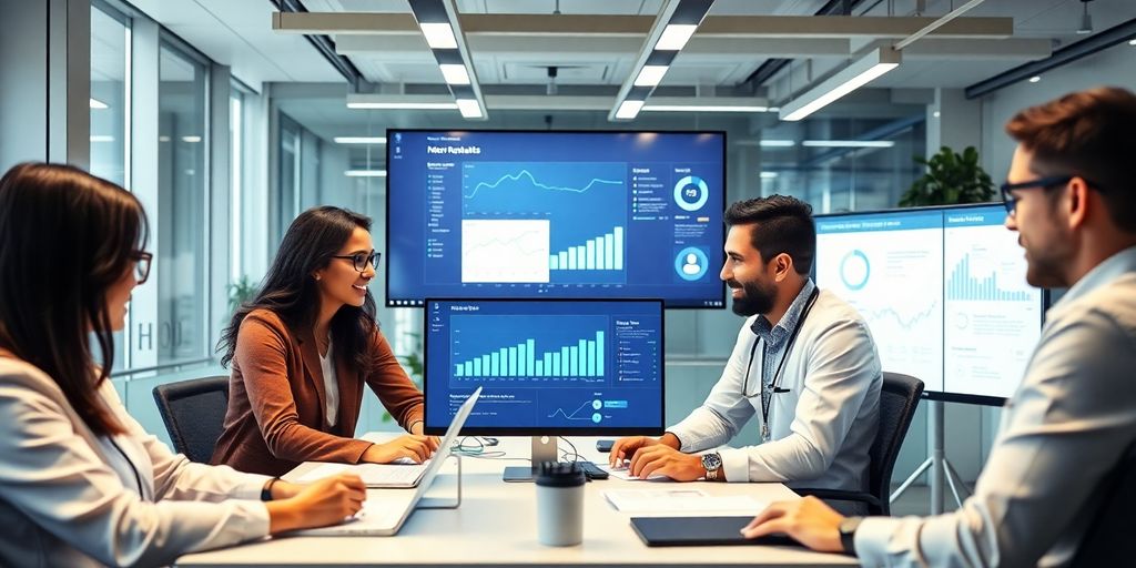 Profissionais de marketing digital em ambiente moderno.