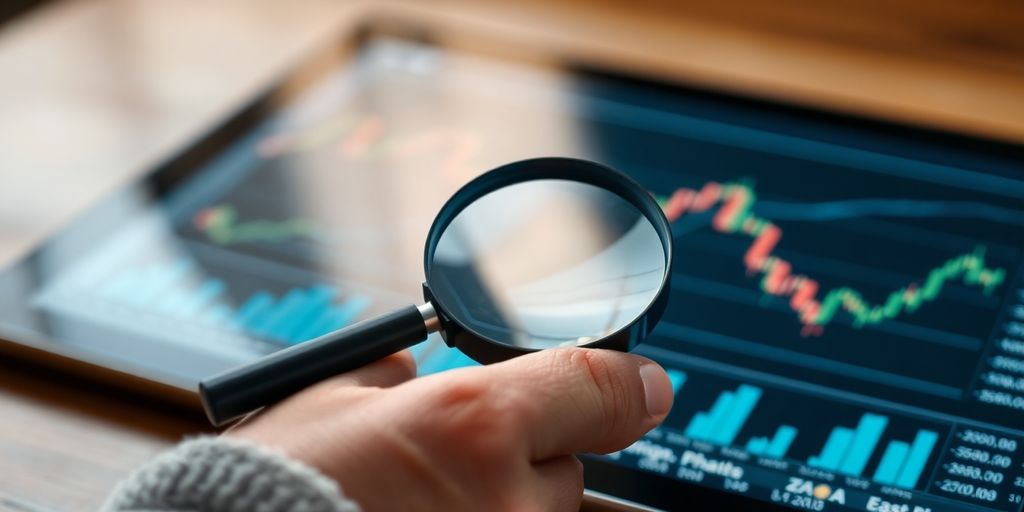 Hand holding magnifying glass over financial data.