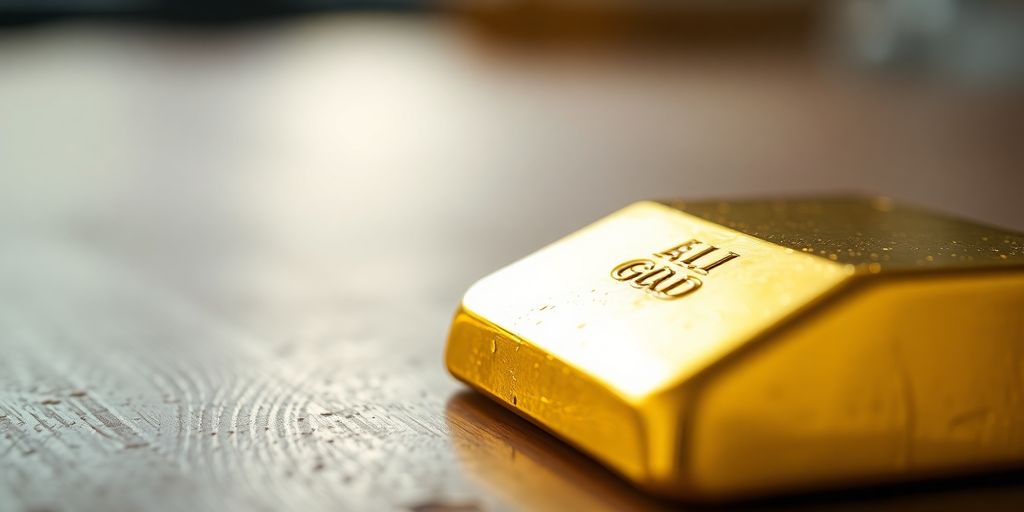 Lingot d'or sur une surface en bois.
