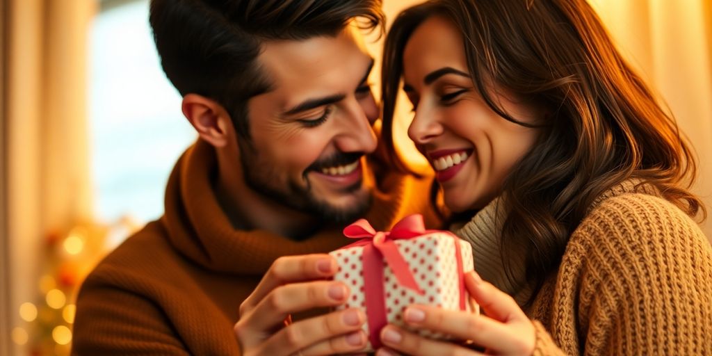 Romantic couple exchanging heartfelt gifts.