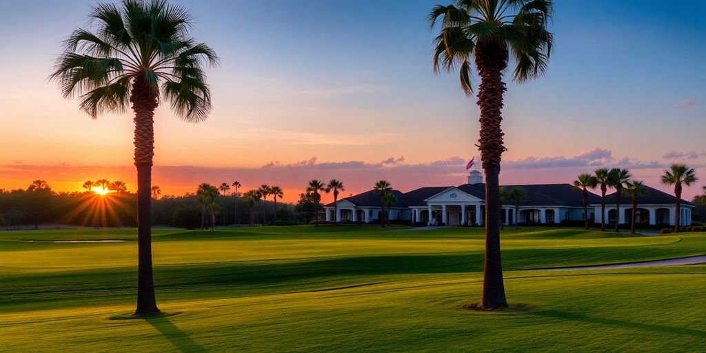 Luxurious golf course at sunset with palm trees.