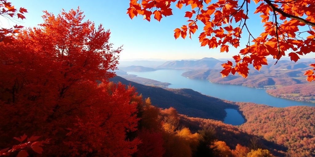 Autumn foliage in vibrant colors by a tranquil lake.