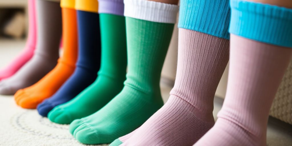 Close-up of colorful diabetic knee high socks.