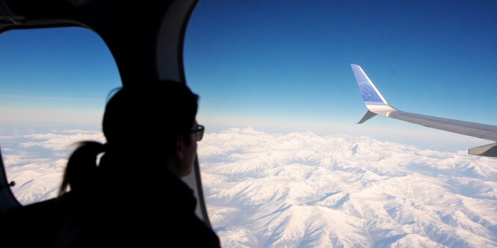 Airline passenger looking out at snowy mountains.