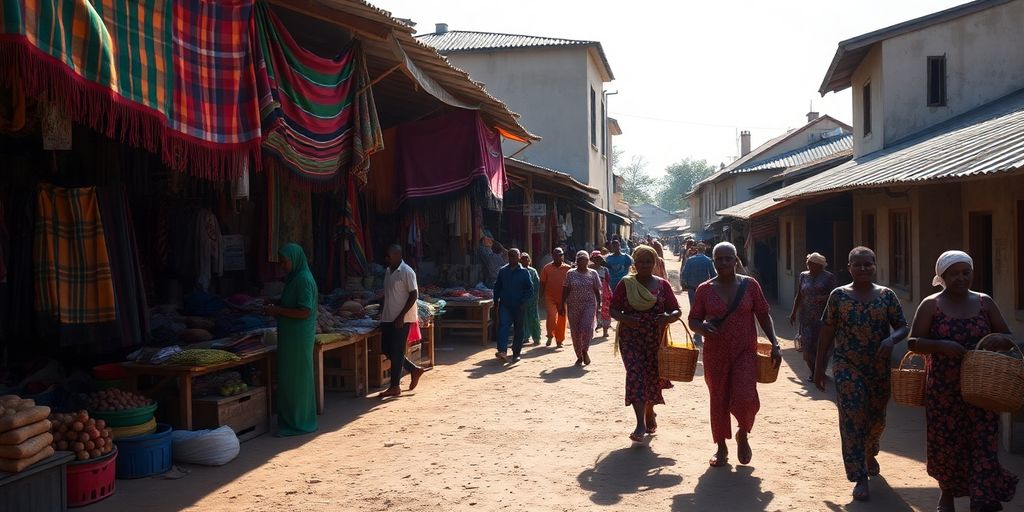 Bustling Addis Ababa street market, vibrant fabrics.