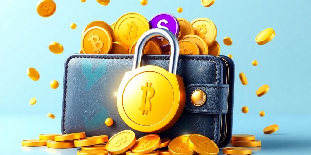 Digital wallet with cryptocurrencies and golden coins.