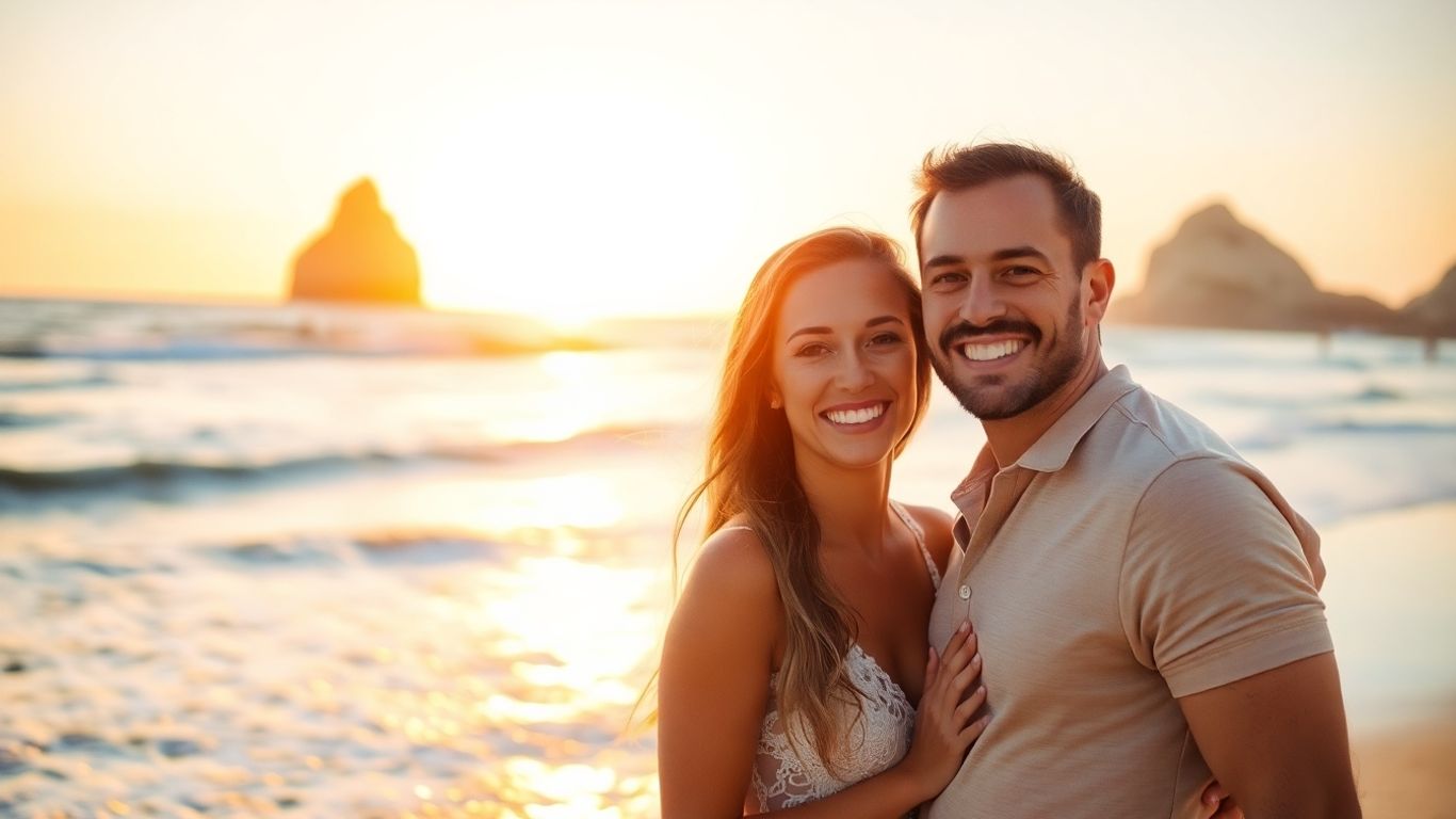 Couple on Cabo beach at sunset, golden light, ocean waves.