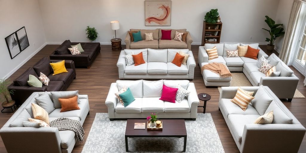 Variety of sectional couches in a stylish living room.