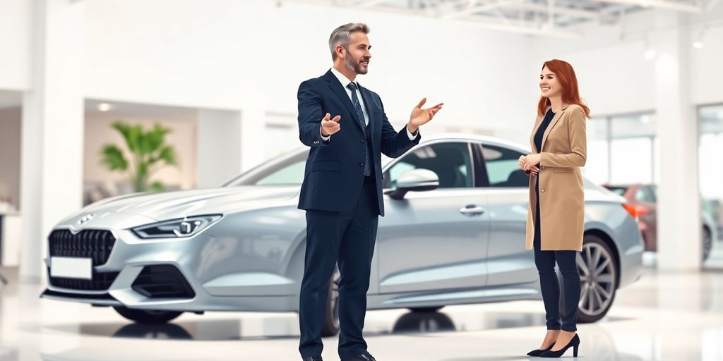 Man in suit talking to car buyer.