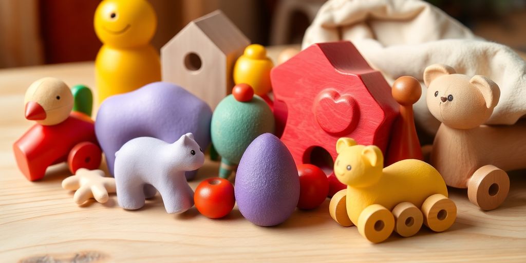Bunte Waldorf Spielzeuge auf Holzoberfläche arrangiert.