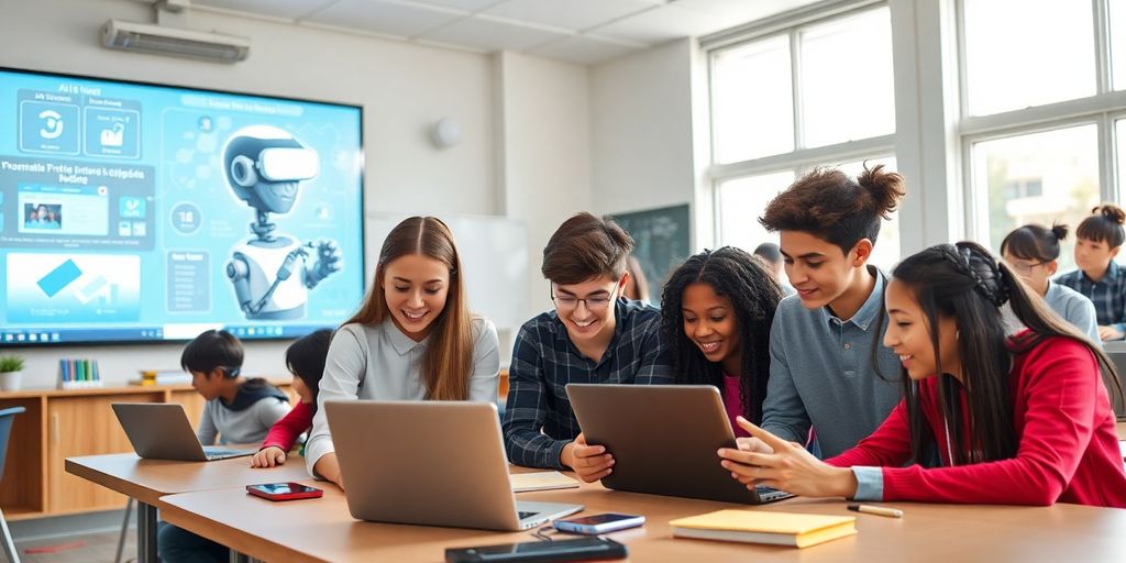 Students using AI tools in a modern classroom setting.
