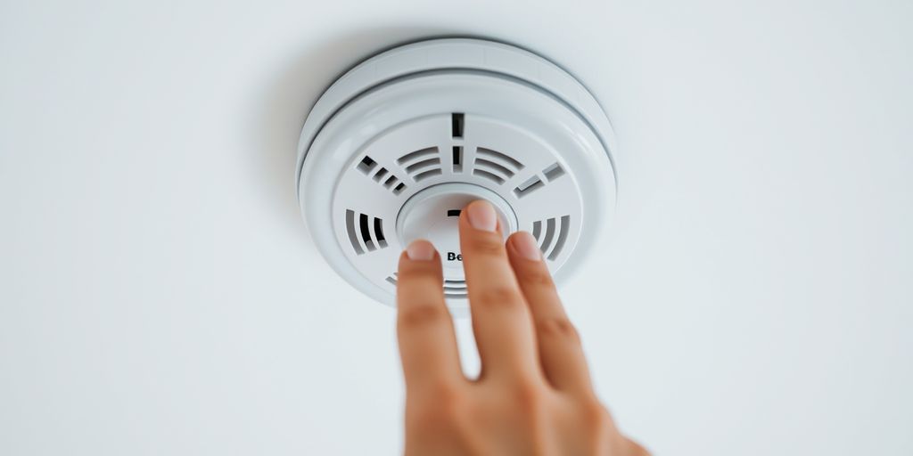 Hand testing a ceiling smoke detector.