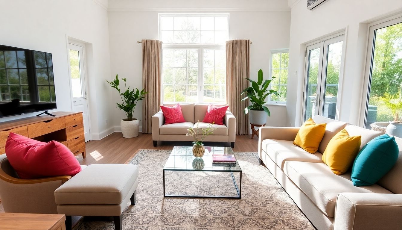 Modern refurbished living room with stylish furniture and decor.