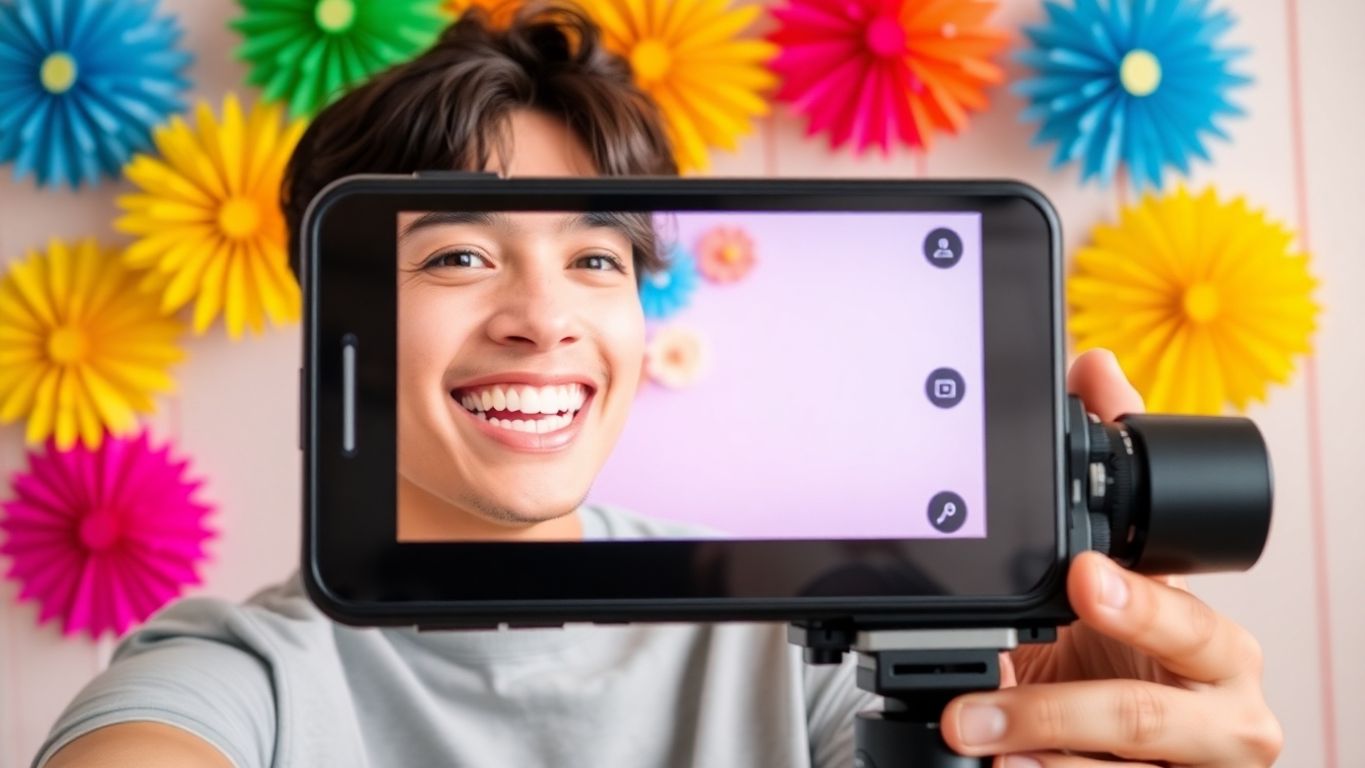 Person recording a TikTok video with colorful background.