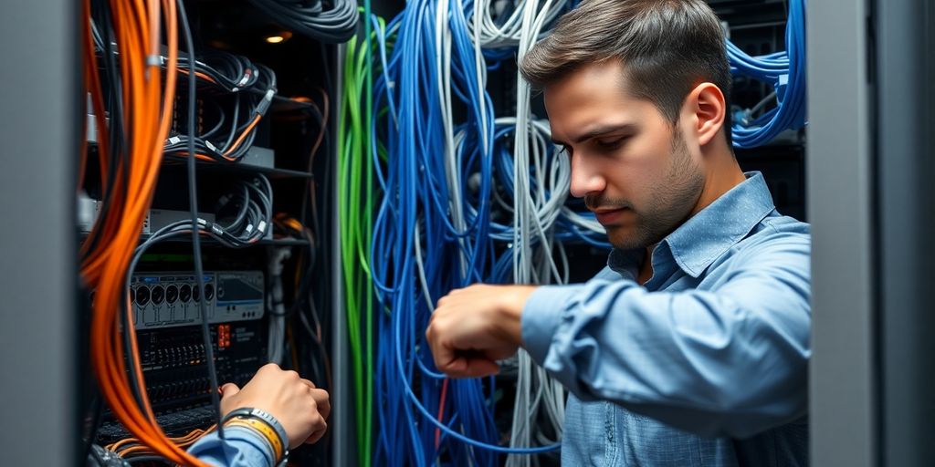 People troubleshooting a complex network system.