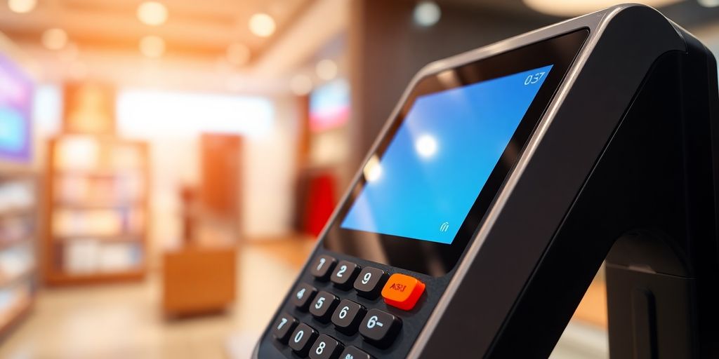 Modern payment terminal in a retail environment.