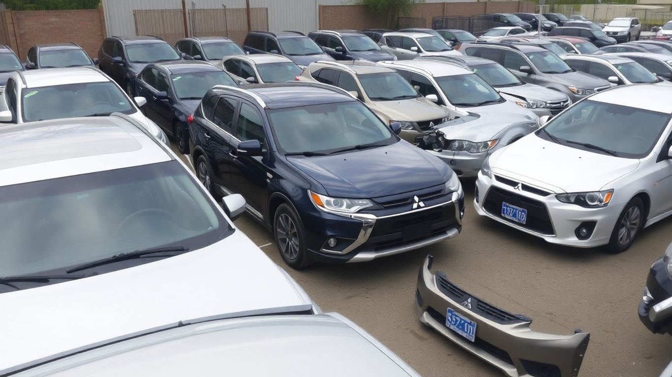 Various Mitsubishi car models in an outdoor wrecking yard.