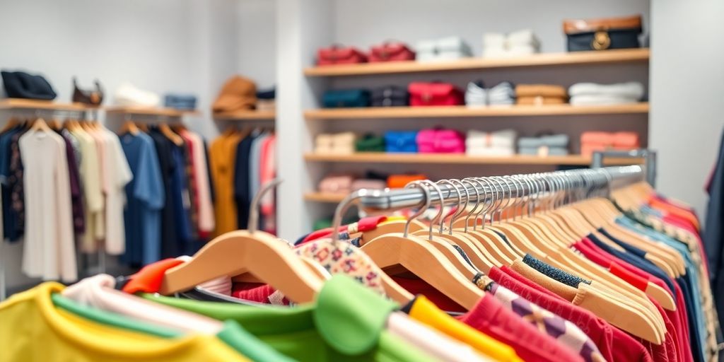 Fashion boutique inventory on display.