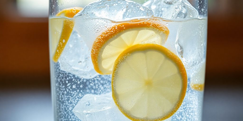 Sparkling water glass, fresh fruit on table