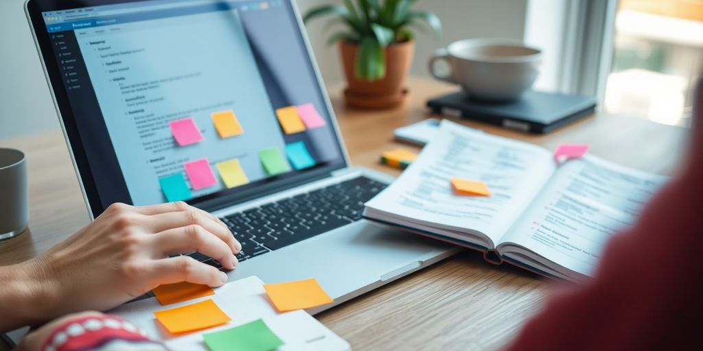 Person analyzing keywords on a laptop with sticky notes.