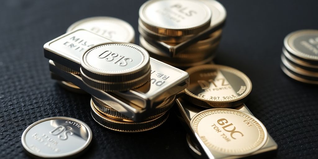 Pièces et lingots d'argent empilés
